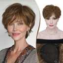 RUWISS Short Hair Toppers for Women Real Human Hair, 5x5.5 Base Pixie Cut with Bangs, Clip-In Curly Hair Pieces for Women, Medium Brown