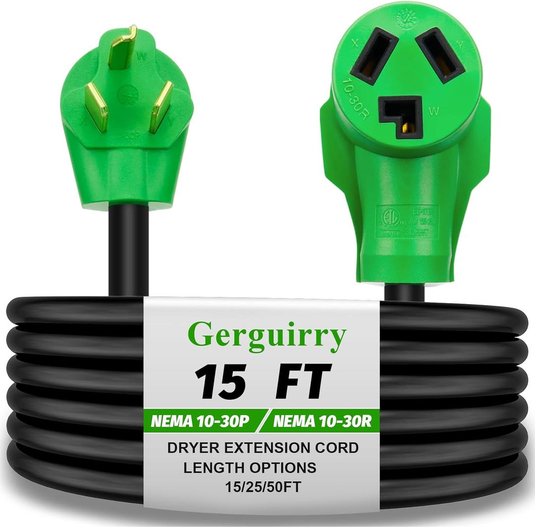 Gerguirry 15 Ft 3 Prong Dryer Extension Cord, 30 Amp NEMA 10-30P to 10-30R, for Dryer/RV/EV Charging, 250V 10-Gauge, Weatherproof & UL Listed