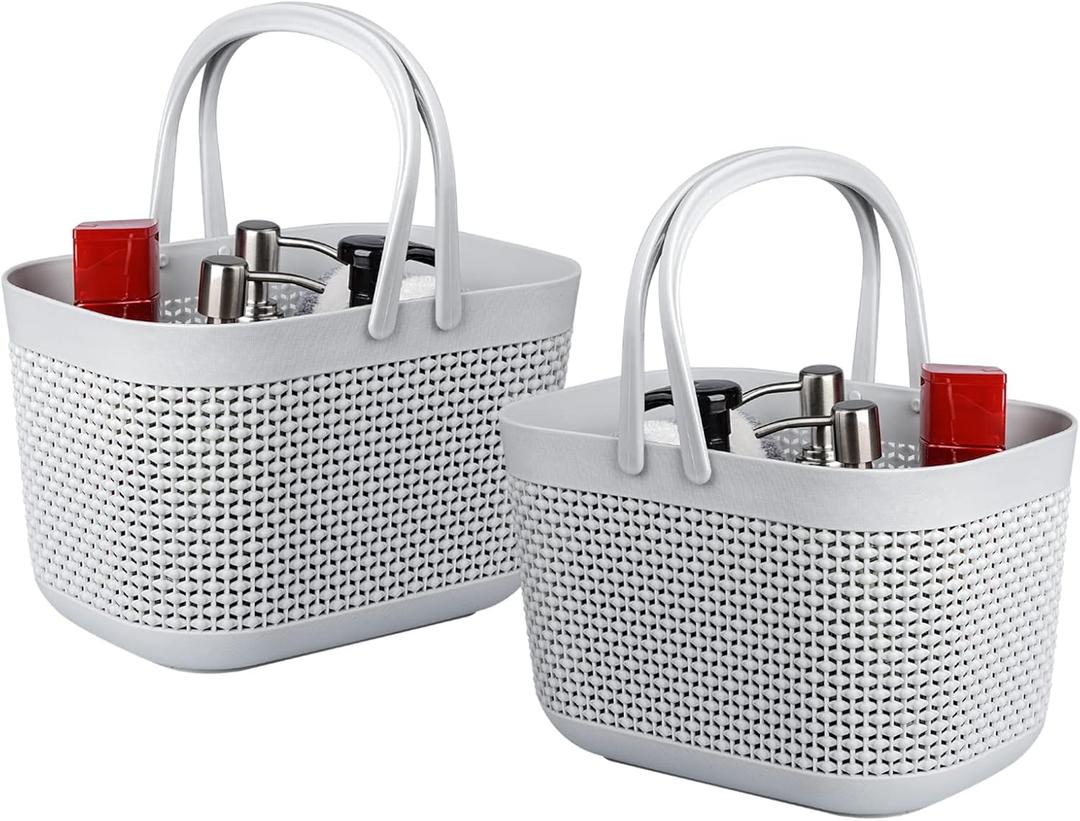 UUJOLY Portable Shower Caddy Basket Tote, Plastic Storage Basket with Handles Organizer Bins for Kitchen Bathroom College Dorm, Grey 2 Pack