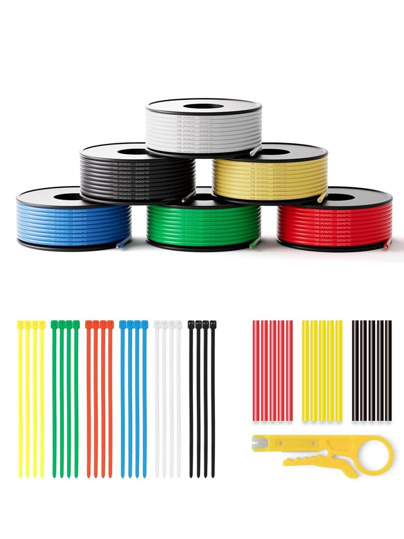 18 Gauge Wire 98ft,Stranded Silicone Electrical Wire Spool 18 AWG,16.4ft/5m 6 Colors,Flexible Tinned Copper Hook up Wire Kit for LED,RC Models,DIY Projects,Electrical Wiring,Automotive,200C