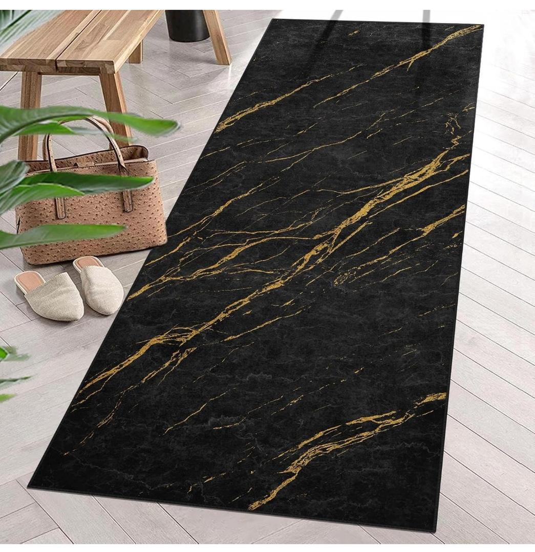 ArtSocket Area Rug Marble Black Gold Entry Runner Rug Yellow Stone Rock 2' x 6' Non-Slip Washable Indoor Door Mat Carpet for Bedroom Kitchen Entryway Laundry Living Home Decor