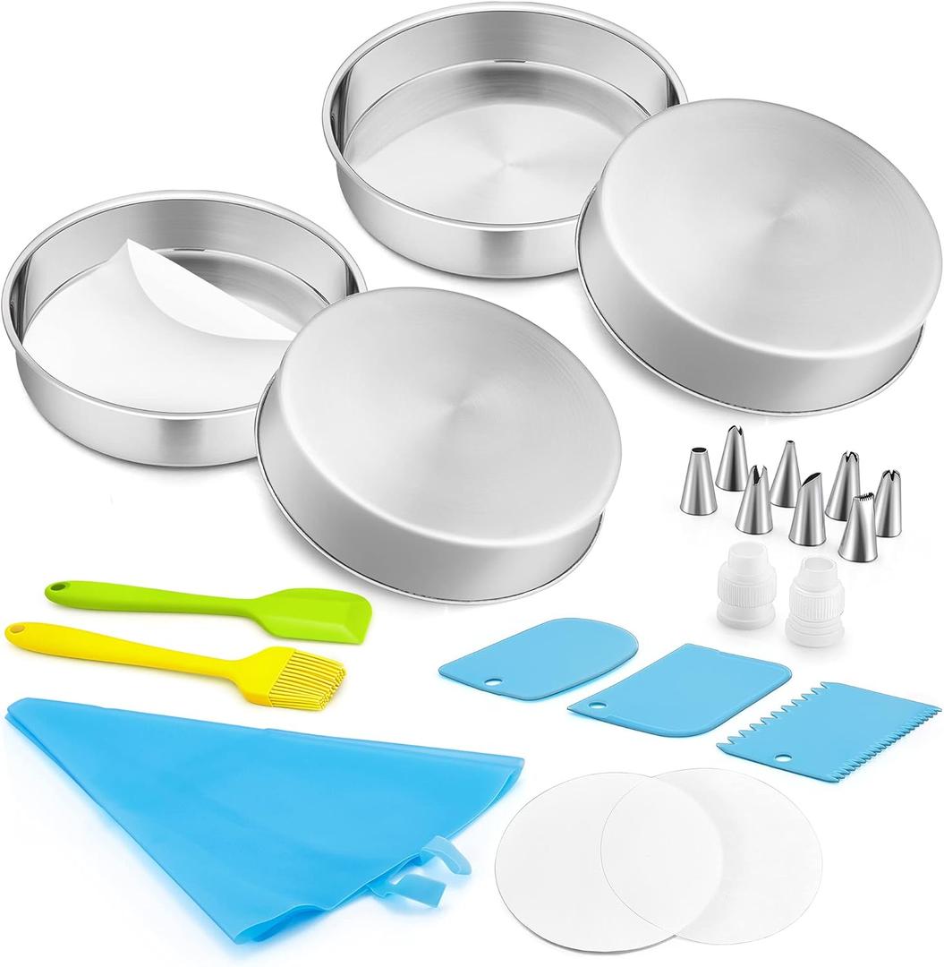 E-far 6 Inch Cake Pans Set of 4, Stainless Steel Round Baking Cake Pan Tins with Decorating Supplie Including Parchment Paper Icing Tips Spatula Scrapper, Non-toxic & Healthy, Dishwasher Safe