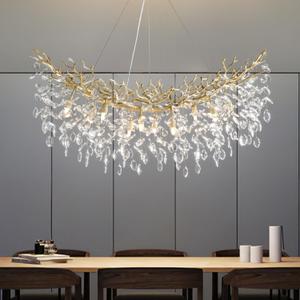Modern Crystal Chandelier, 43" Gold Tree Branch Chandelier, 14-Light Luxury Rectangular Chandeliers for Dining Room, Kitchen Island, Living Room, Foyer, Contemporary K9 Crystal Raindrop Light Fixture