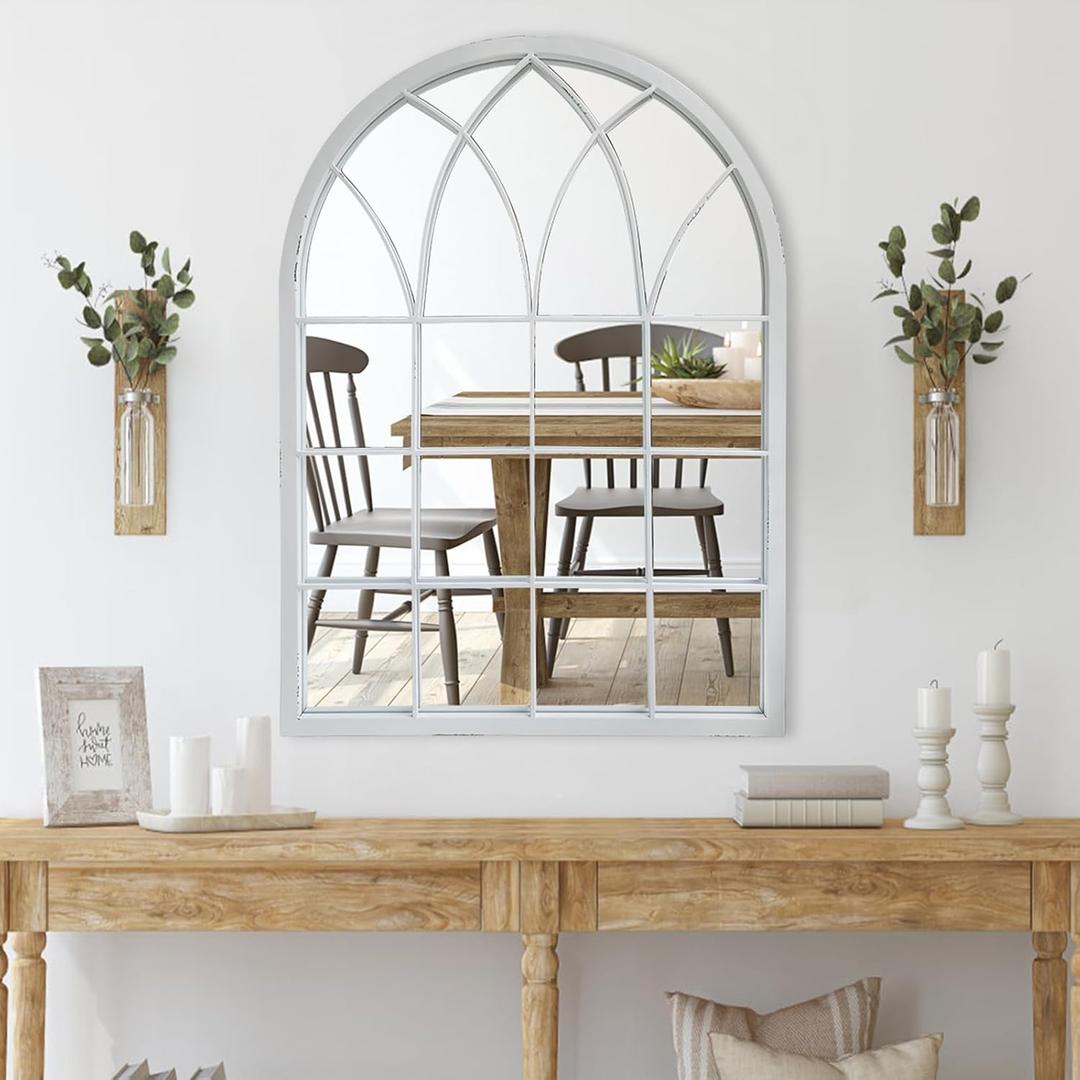Arched Window Wall Mirror, Cathedral Style, Distressed White, 35 Inch Farmhouse Grid Windowpane Mirror for Living Room Fireplace Entryway Bedroom Bathroom (35.4"L x 25.6"W) Arched Window Wall Mirror, Cathedral Style, Distressed White, 35 Inch Farmhouse Grid Windowpane Mirror for Living Room Fireplace Entryway Bedroom Bathroom (35.4"L x 25.6"W)