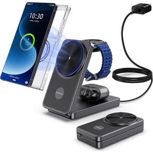 3 in 1 Magnetic Wireless Charger for Samsung, Foldable Android Charging Station for Galaxy S26/S25 Ultra /S24/Z Fold 7/Flip 7, Magnetic Watch Charger Stand for Galaxy Watch Ultra 8/7/Buds 4 for Travel