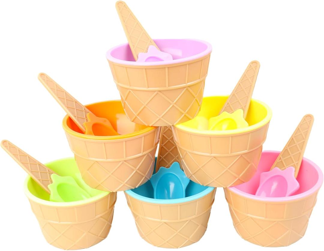 6 PCS Reusable Plastic Ice Cream Bowls with Spoons Colorful Cartoon Ice Cream Cups for Sundaes, Frozen Yogurt, and Summer Party Desserts