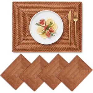 4 Pack Rectangular Rattan Placemats, Natural Woven 19 X 14 Inch