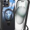 Magnetic Ring Stand Case for iPhone 15, 16FT Military-Grade Protection Shockproof, Non-Slip, Anti Scratch, Textured Grip & Clear Back for Hands-Free Video Calls (Clear Black)