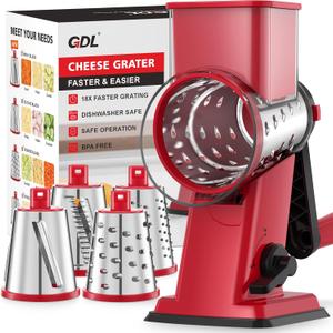 GDL Rotary Cheese Grater Hand Crank - Upgraded Cheese Shredder with 4 Interchangeable Blades, Rotary Grater with Non-slip Suction Base, Easy to Clean Kitchen Grater Slicer Grinder for Vegetable Nuts