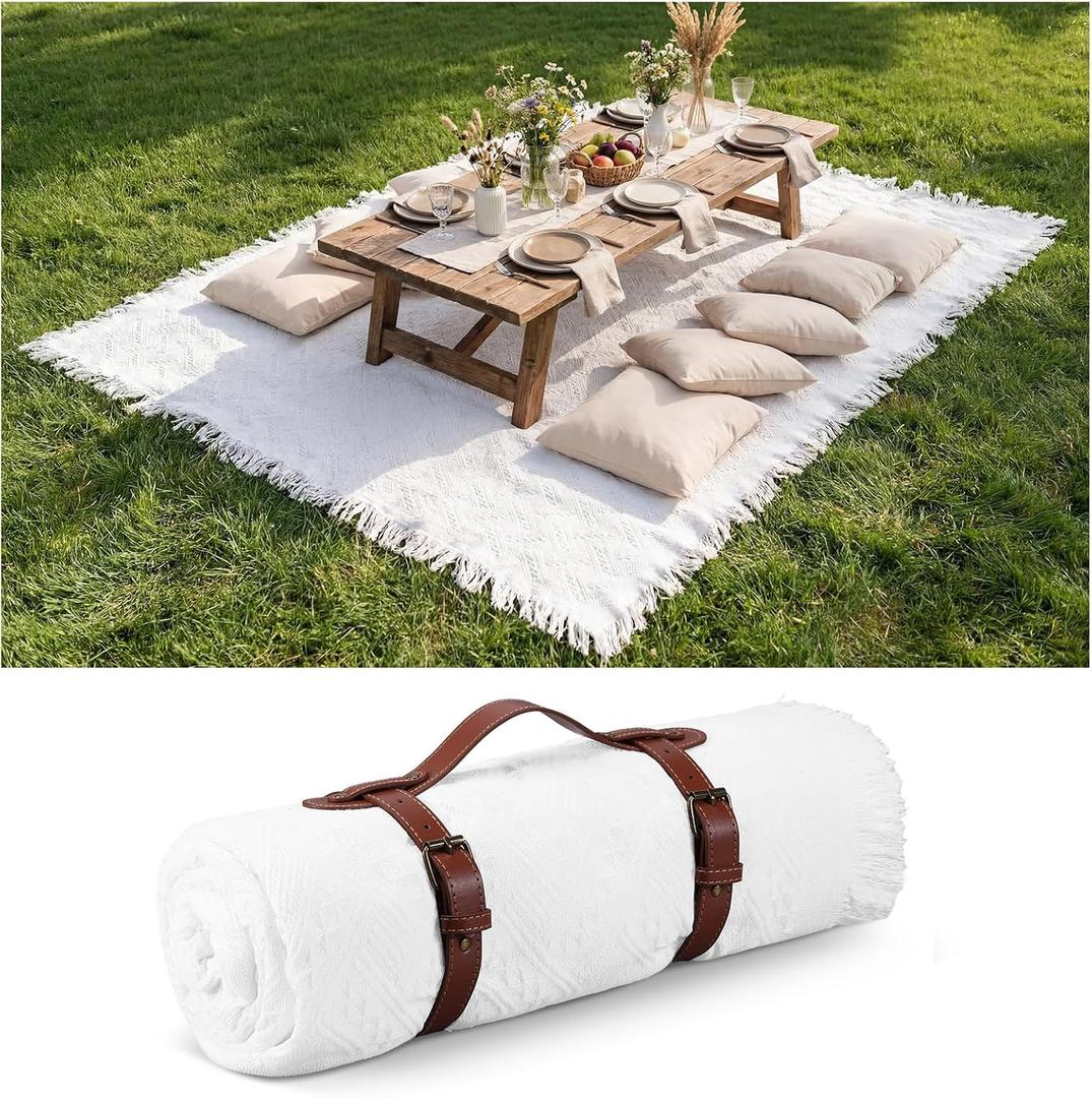 Frienda 70 x 120 Inch Extra Large White Outdoor Picnic Blanket Woven Cotton Yarn Blanket with Fringe and Leather Storage Strap Boho Decor for 8 to 12 Camping Lawn Wedding Photoshoot Beach Park Grass