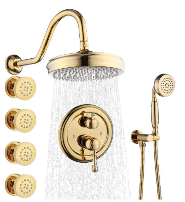 Enga Antique Shower Faucet Sets 8 inch Rainfall Head with Body Jets Handheld Spray Fixtures Combo, Brass 3 Way Diverter Rough in Valve Trim Kit, Bright Gold