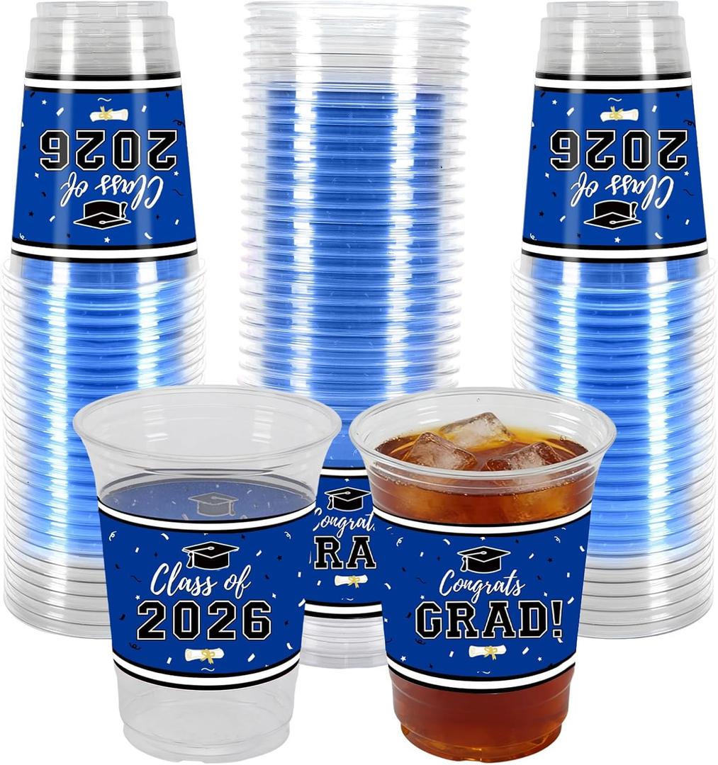 Labrostar 50Pcs Graduation Decorations 2026 Disposable Graduation Cups Congrats Grad Class of 2026 Decorations Graduation Party Supplies 16oz Blue
