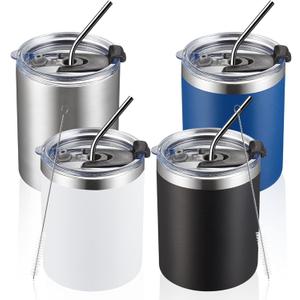 MEWAY 12 oz Lowball, Tumbler Stainless Steel Double Wall Vacuum Insulated Mug with Straw and Lid, Cleaning Brush Durable Powder Coated Insulated Coffee Cup for Cold & Hot Drinks (MIX,4 pack)