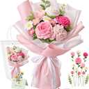 Handmade Crochet Flower Bouquet, Pink Rose & Carnation Knitted Flowers, Gift For Girlfriend, Birthday, Anniversary, Mother’s Day, Wedding Or Graduation (Includes Card) (Pink)