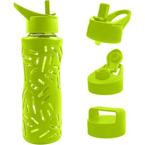 Top&Top 25oz Glass Water Bottles with Straw Cap  Wide Mouth Sports Water Bottles with Protective Silicone Sleeve + 3 Reusable Different Leak-Proof Lids (BPA Free) for Fitness and Outdoor (Yellow)