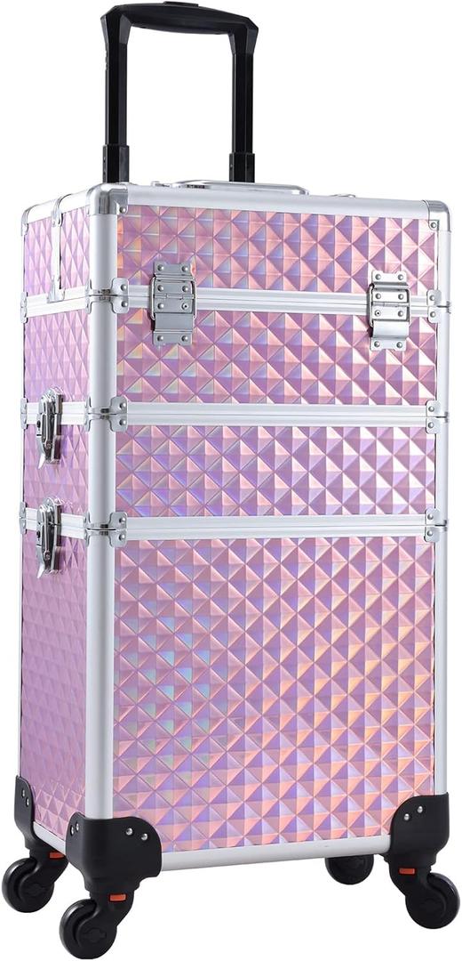3 in 1 Professional Rolling Makeup Train Case Aluminum Trolley Case with 360 Rotation Wheels for Makuep Artist Cosmetic Suitcase Organizer with Lock and Key Diamond Pattern - Pink