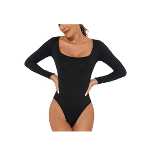 Women's Thong Bodysuits for Tummy Control Seamless Body Suits Long Sleeve Shapewear Square Neck Casual T-Shirt Tops, L