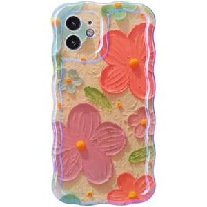 NEWOD Case for iPhone 12 6.1'' Colorful Retro Oil Painting Printed Flower Laser Glossy Pattern Cute Wave Phone Cover Stylish TPU Protective Case for Women Girls Lady (Pink#1)