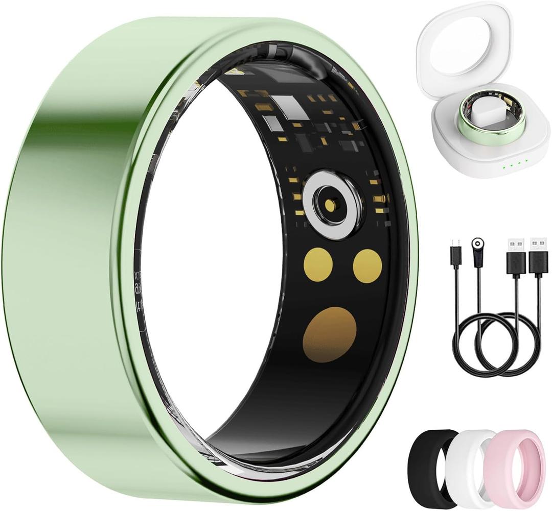 Smart Ring for Women & Men, Health Tracker Ring with Heart Rate, Blood Oxygen,Blood Pressure, IP68 Waterproof Fitness Ring, Sleep Tracker for iPhone and Android, No APP Fee (Green, 7#)