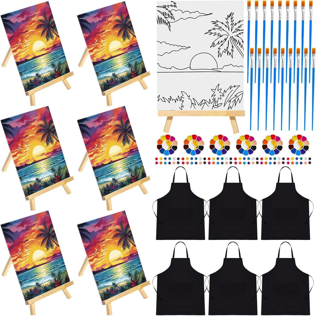 Motipuns 6 Set Pre Drawn Canvas for Painting for Adults Sip and Paint Kit with Easels 8 x 10 Inches Paint Party Kit with Printed Canvas Paints Brushes Palette Apron(Seaside Sunset)