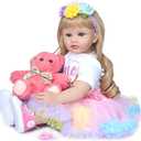 RXDOLL Toddler Reborn Baby Doll Girl Princess with Curly Blonde Hair 24 Inch 60cm Real Life Looking Reborn Toddler Dolls Soft Body Snuggle Cuddle Doll for Girls Gifts (White & Pink Dress-cloth Body)