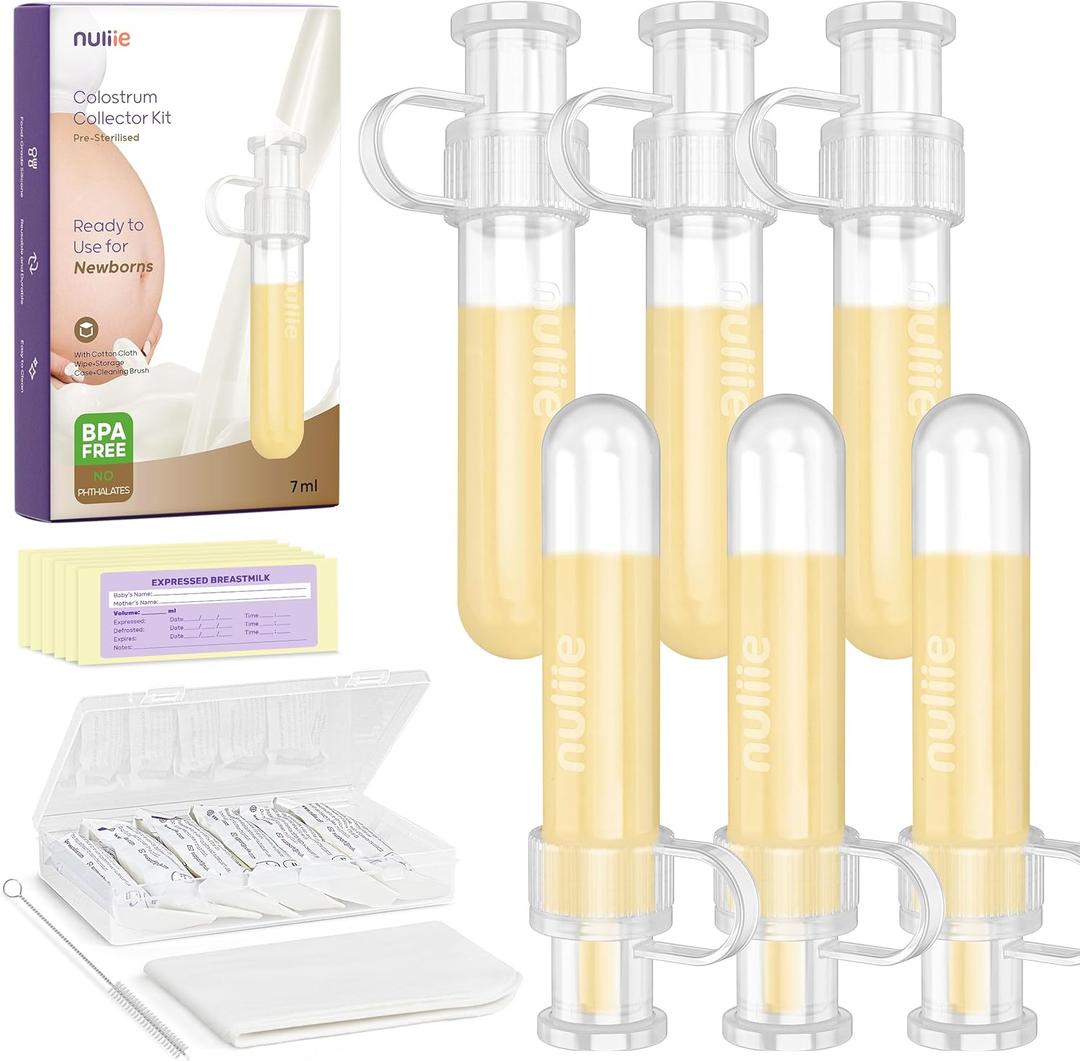 Nuliie Colostrum Collector Kit 7ml/6pcs, Leakproof, Reusable Breast Milk Collector, Heat & Freezer Resistant, BPA-Free, With Cotton Cloth Wipe, Storage Case, Cleaning Brush - Ready-to-Use for Newborns