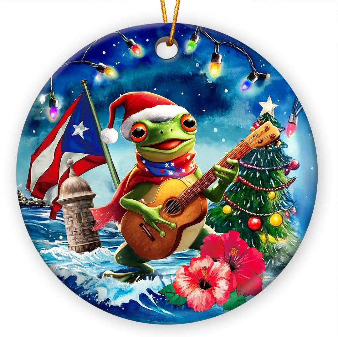 5 x Puerto Rico Christmas Ornament 2025, Double Sided Ceramic Ornaments for Christmas Tree Decorations, for Women and Men, Holiday Coqui Frog Puerto Rico Ornaments