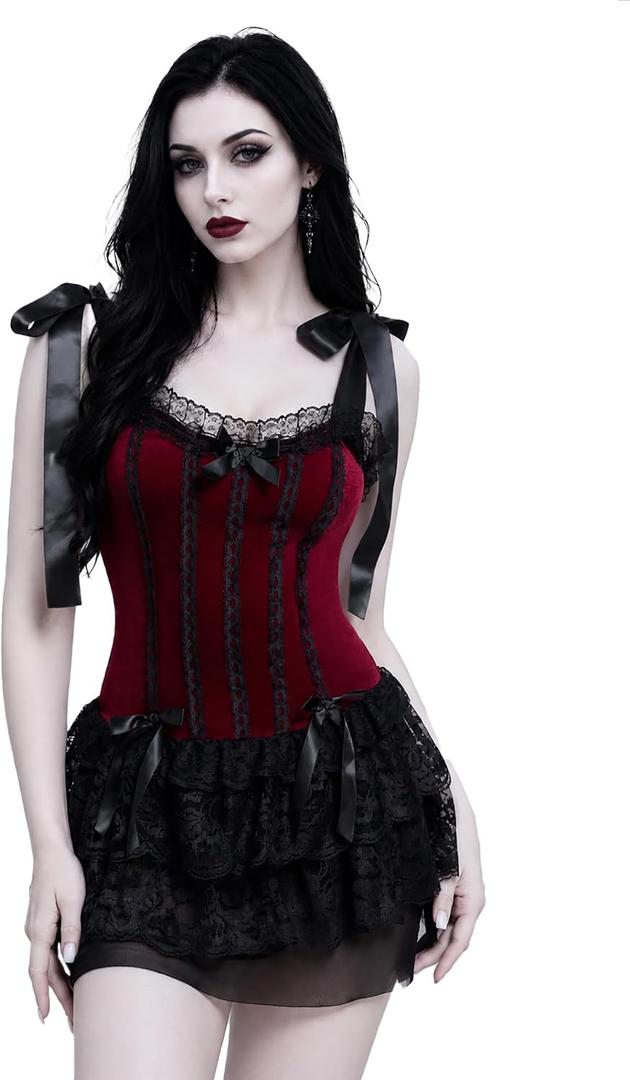 Women Gothic Retro Palace Style Lace Trim Velvet Goth Dress XL