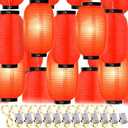 24 Pcs Traditional Japanese Style Red Silk Hanging Lantern Set Including 12 Pcs Paper Lanterns Japanese Decorations and 12 Lights for Chinese New Year Luna Festival Party Decoration DIY Crafts