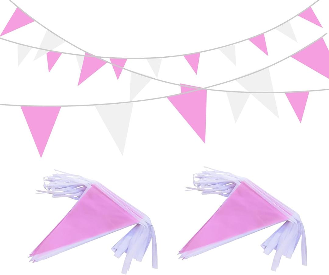 100Ft Pink and White Pennant Banner Flags String Fabric Triangle Bunting Flag,Party Decorations for Wedding,Kids Birthday,Home Outdoor Garden Hanging Festivals Decoration,60 Pcs