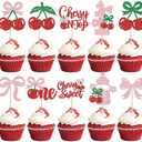24 Pcs Cherry One Cupcake Toppers Cherry On Top Cupcake Toppers Glitter Sweet Cherry Cupcake Picks Decorations for Fruit Theme Baby Shower Birthday Party Cake Decorations (Design-1)