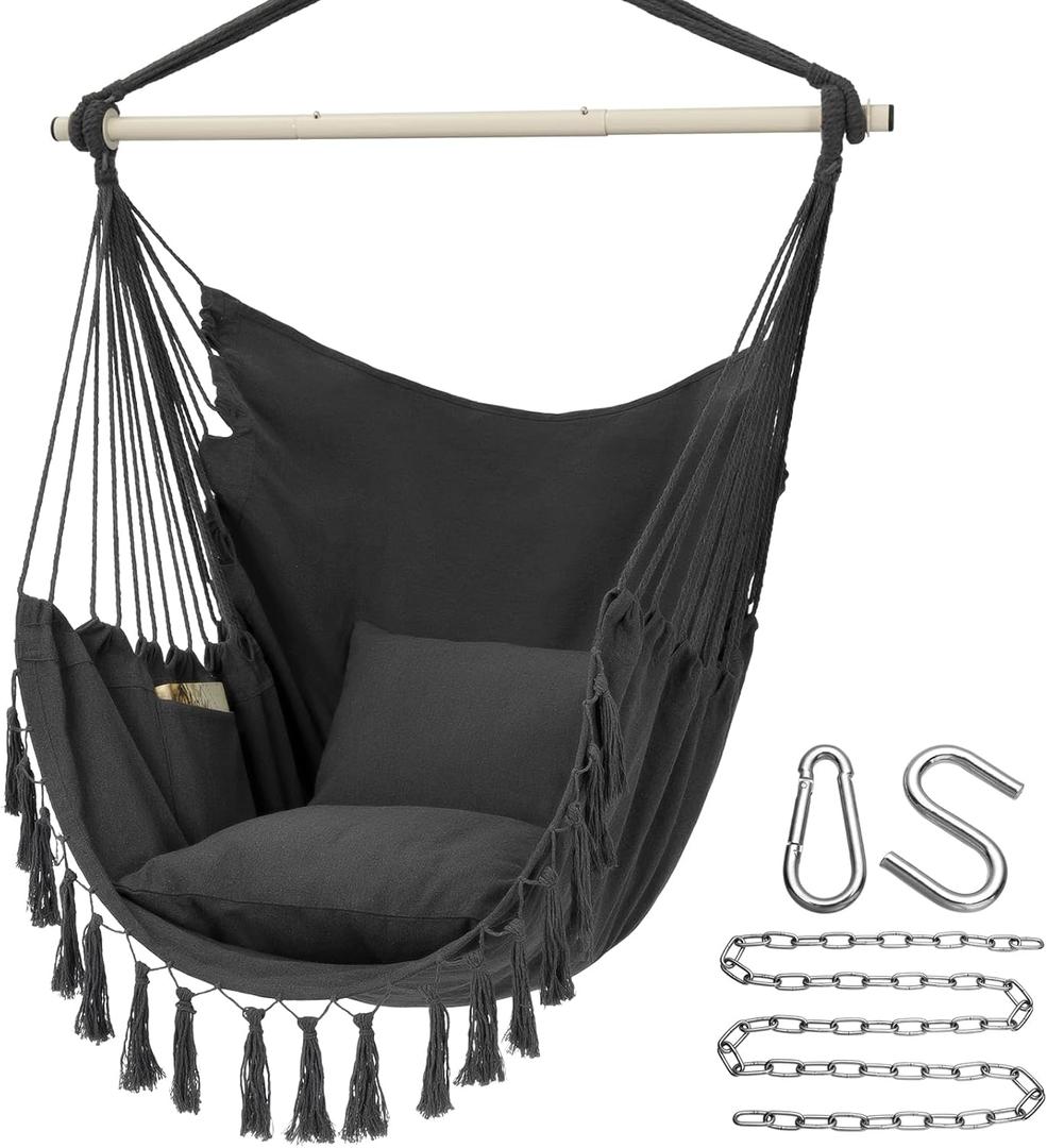 Y- STOP Hammock Chair Hanging Rope Swing, Max 500 Lbs, 2 Cushions Included, Large Macrame Hanging Chair with Pocket, Cotton Weave for Superior Comfort, Durability (Dark Grey)