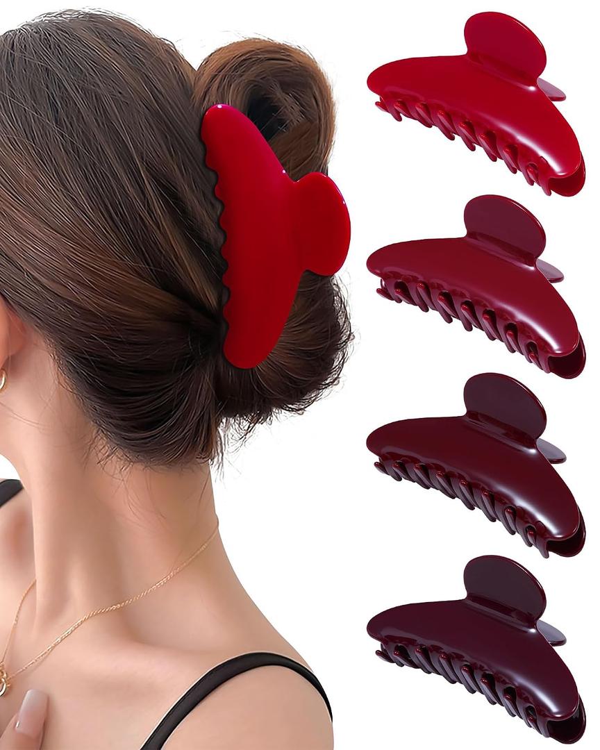 Mesovor 4 pack Acrylic Hair Clips Claws, Nonslip 4.1" Large Hair Grip Hairclips for Thin and Thick | French Banana Barrettes Hair Strong Hold Hair Jaw Clamps (Red, Cherry Red)