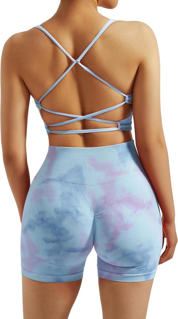 RXRXCOCO Seamless Workout Sets for Women 2 Piece Strappy Sports Bras Scrunch Butt Booty Shorts Matching Yoga Tracksuits (Medium, Tie Dye Pink Blue)