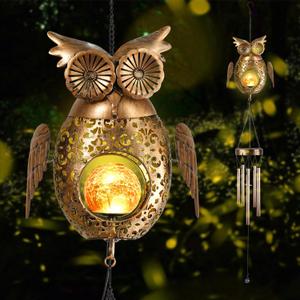 Solar Owl Wind Chimes Outdoor, Waterproof Sun Wind Bells Light with Crackle Glass Ball for Outside, Clearance Unique Gifts for Mother's Day, Birthday, Women, Girls, Garden Decor