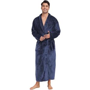 SPLASHGRIP Mens Fleece Robe Soft Plush Collar Shawl Bathrobe Lightweight Long Bath Shower with Belt & 2 Pockets (XX-Large-3X-Large, Deep Blue)