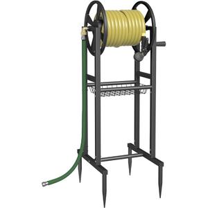 Garbuildman Ground Mount Garden Hose Reel Holds 125 Feet of 5/8-Inch with 3.9 ft Leader Hose, Brass Fitting, Water Hose Holder Stand with Storage Rack & 4 Spikes Base for Outdoor Lawn, Black