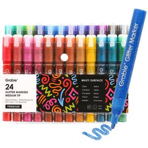 Grabie 24 Glitter Metallic Markers, Medium Tip Glitter Acrylic Paint Markers, Quick-Drying Water-based Ink Glitter Pens for Adults, DIY Crafts Making