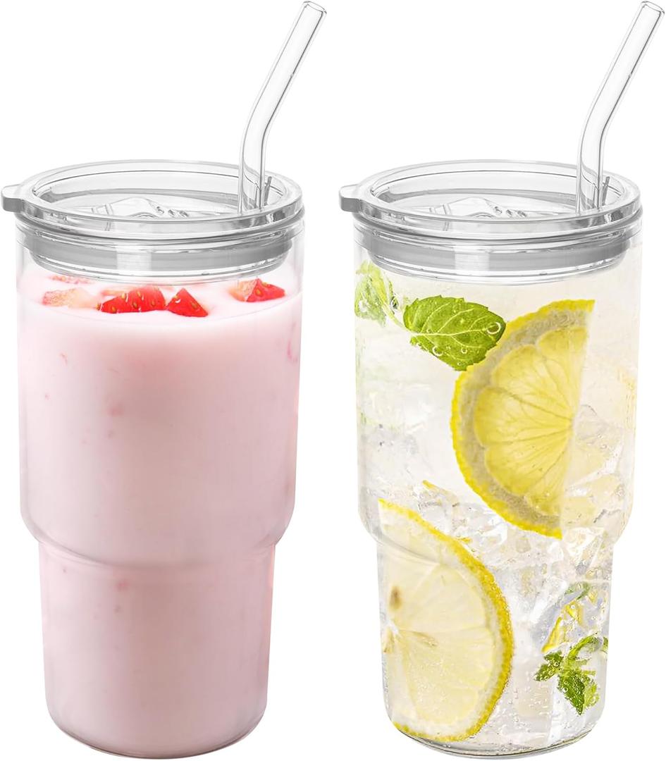 Glass Tumbler with Lid and Straw, High Borosilicate Glass Coffee Cup Smoothie Cups 24 oz/750ml for Hot or Cold Drinks 2 Pack