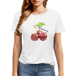 Women's Cute Cherry Shirt: 100% Cotton Cute 3D Graphic Print Summer Tops (Large, White)