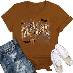 Halloween Shirts for Women Spooky Mama T-Shirt Funny Leopard Cobwebs Crewneck Tee (Brown, XL)