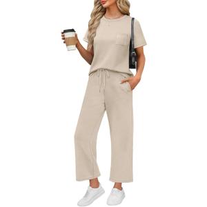 WIHOLL 2 Piece Sets for Women Casual Summer Travel Vacation Outfits Short Sleeve Wide Leg Crop Pants Lounge Sets (Beige)