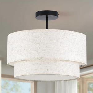 Semi Flush Mount Ceiling Light, 3 Light Linen Drum Light Fixture