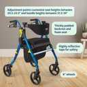 Medline Premium Empower Folding Mobility Rollator Walker with Memory Foam Seat, Black & Blue, 300 lb. Weight Capacity, 8 Wheels, Cupholder, Rolling Walker for Mobility Impairment, Adjustable Handles