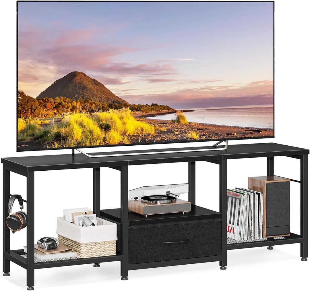 Casaottima 47" TV Stand with Open Storage Shelves for 43, 50 Inch TV, Entertainment Center with Fabric Drawers, TV Console Table with Soundbar Shelf TV Stand for Living Room Bedroom, Pure Black