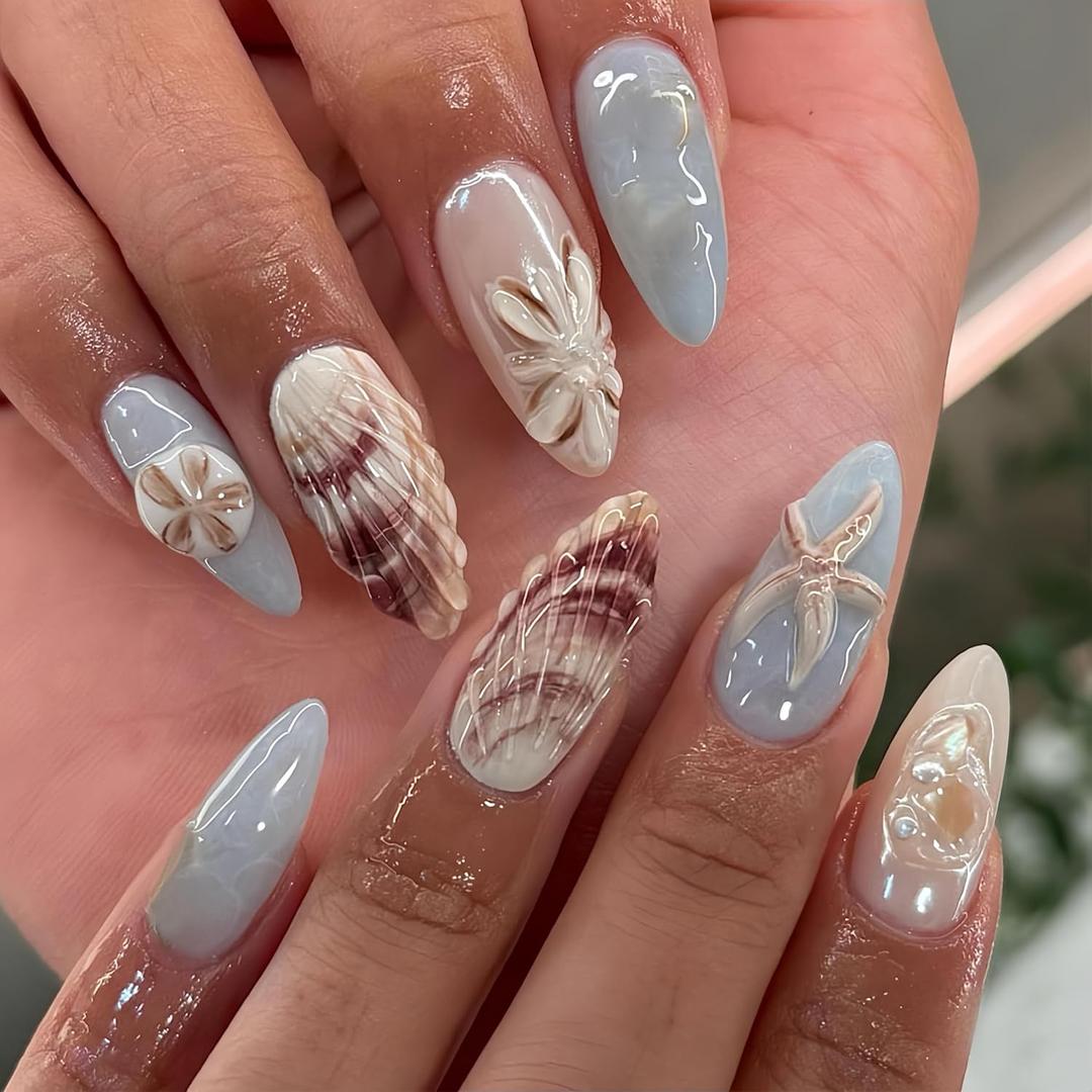 Summer Ocean Press on Nails Almond Medium Fake Nails with 3D Shells Starfish Pearl Flowers Designs Acrylic Artificial Nails Light Blue False Nails Hawaiian Beach Vacation Glue on Nails for Women 24Pcs (style18)
