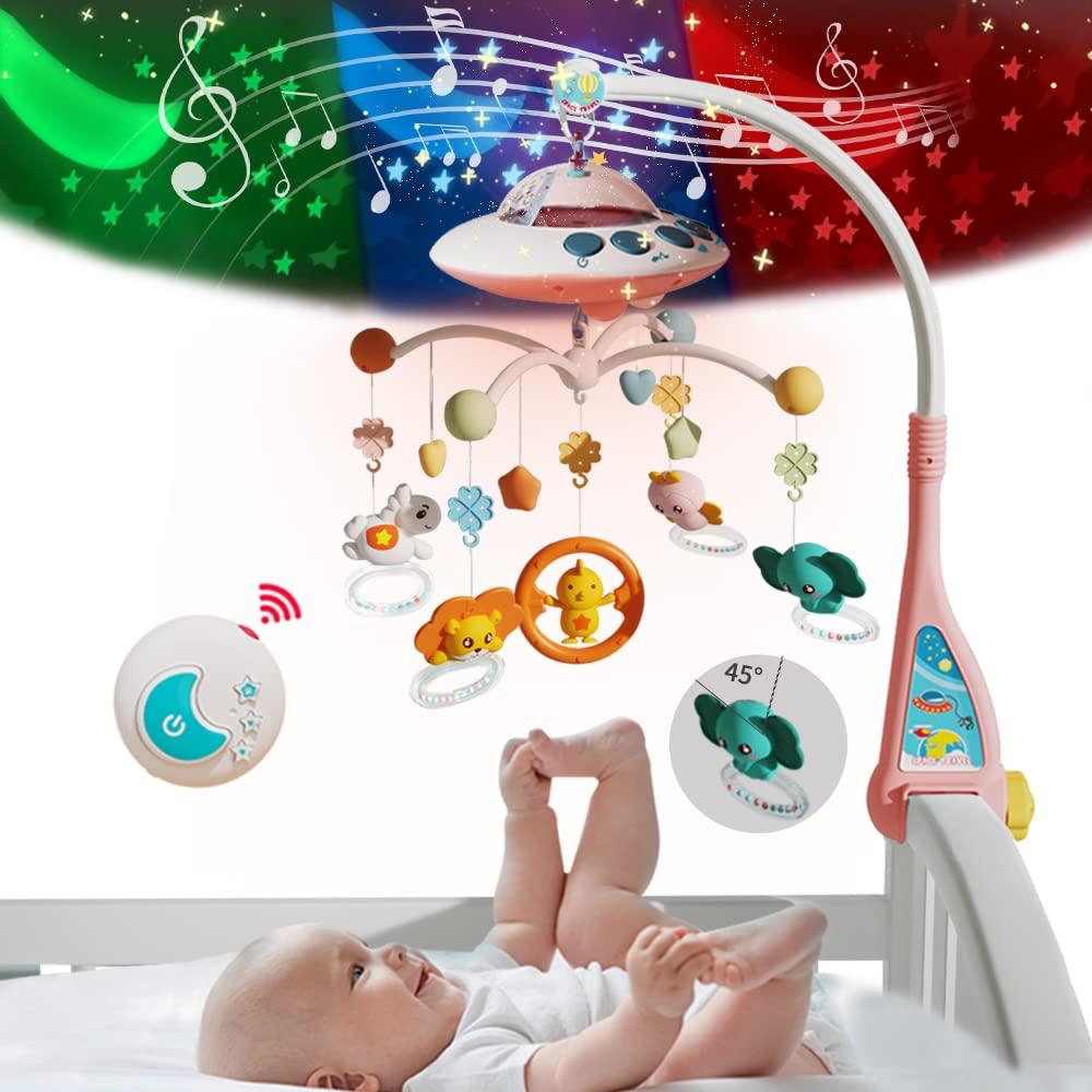 Baby Musical Crib Mobile with Night Lights and Relaxing Music,Hanging Rotating Animals Rattles,Stars Projection,Remote Control,for Boy Girl Newborn Baby ToysPink