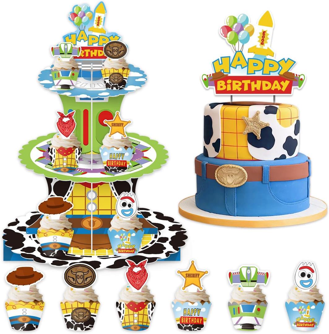 26Pcs Cartoon Story Birthday Party Decorations Including Cake Stand Cupcake Wrappers Cupcake Topper Cake Topper