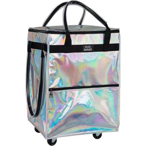 Reusable Grocery Bag on Wheels, Rolling Shopping Bags with Wheels and Handle, Folding Rolling Tote Trolley, 3 Pockets and Zipper Cover, Carries Up to 46 LBS (Medium, Phantom White)