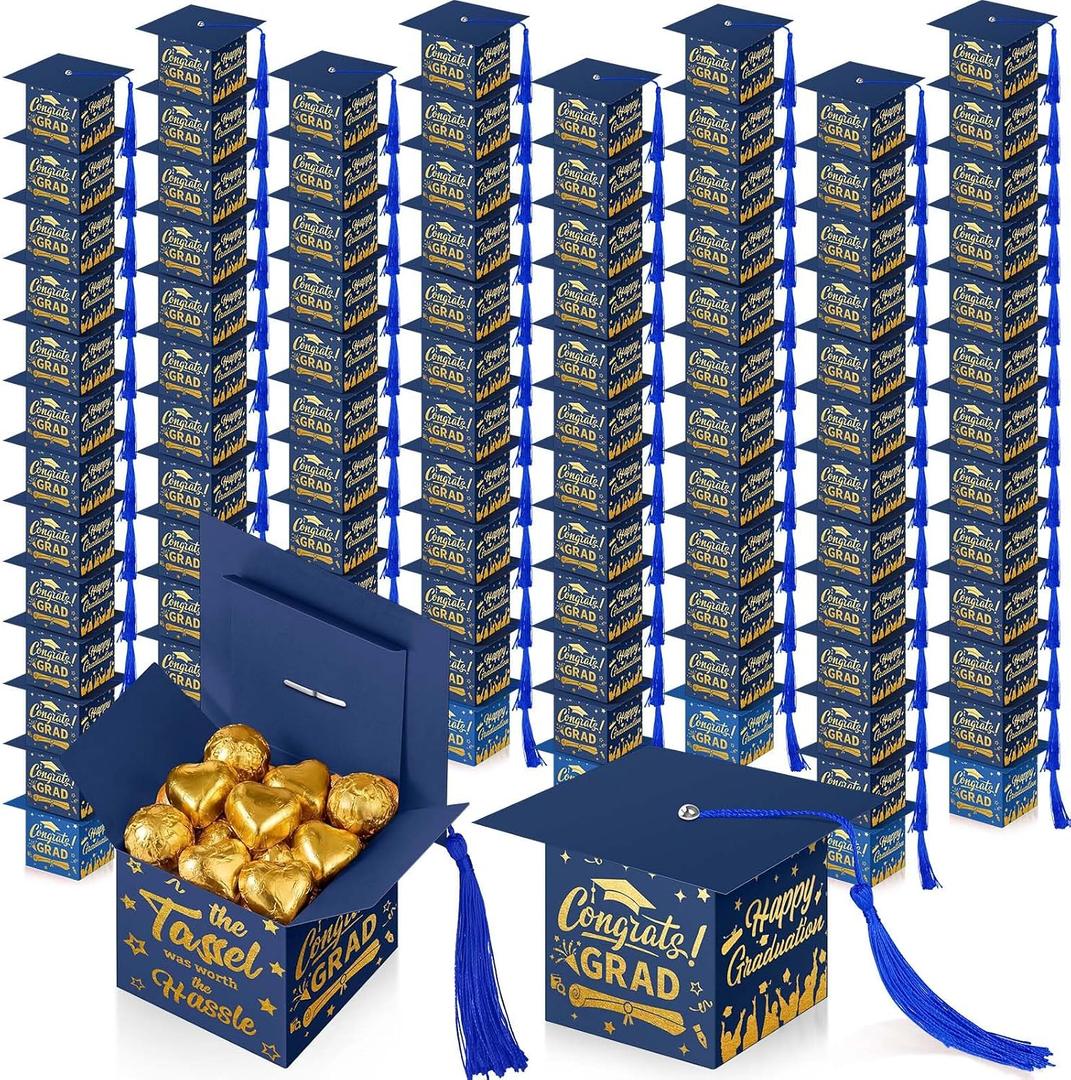 Crtiin 100 Pcs Graduation Candy Boxes with Tassel Graduation Party Favors 2024 Graduation Gifts Graduation Decorations Grad Cap Candy Box for Candy Biscuit Chocolate Supplies (Blue and Gold)